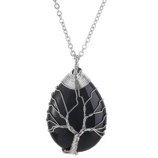 Gemstone Tree Of Life Pendant Necklace Black Agate