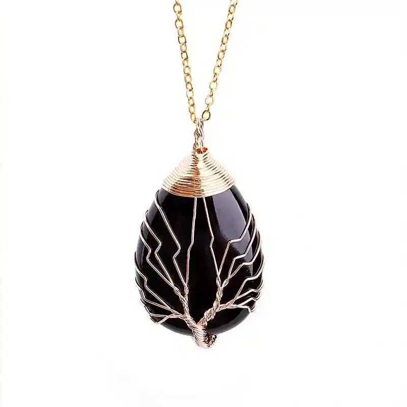 Tree Of Life Pendant Necklace-Black Agate